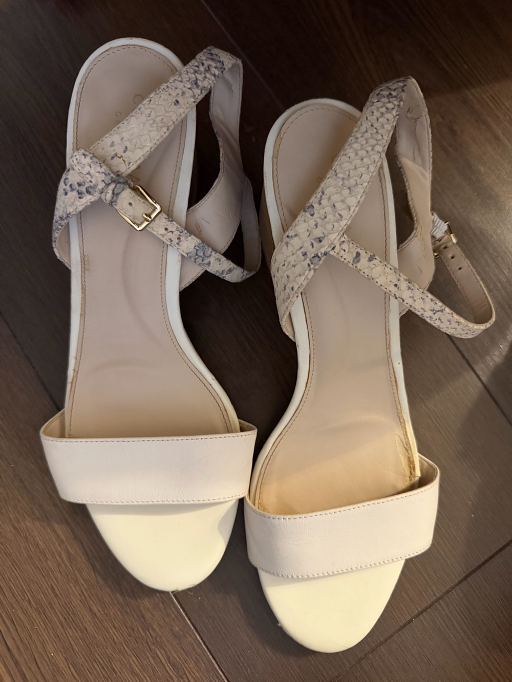 Cole Haan Cream Leather & Snakeskin-Texture Strap Block Heel Sandals
